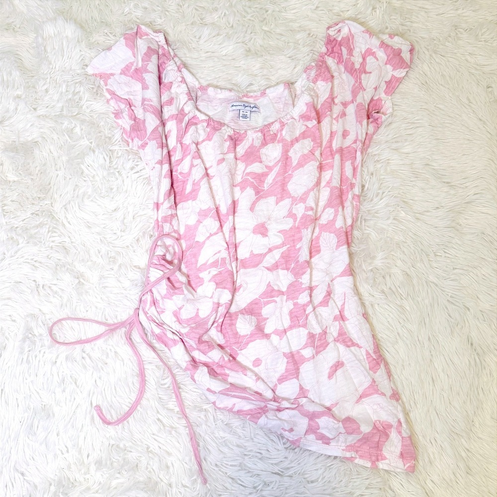 American Eagle Pink White Floral Peasant Top Side Cinch Cotton Shirt Medium